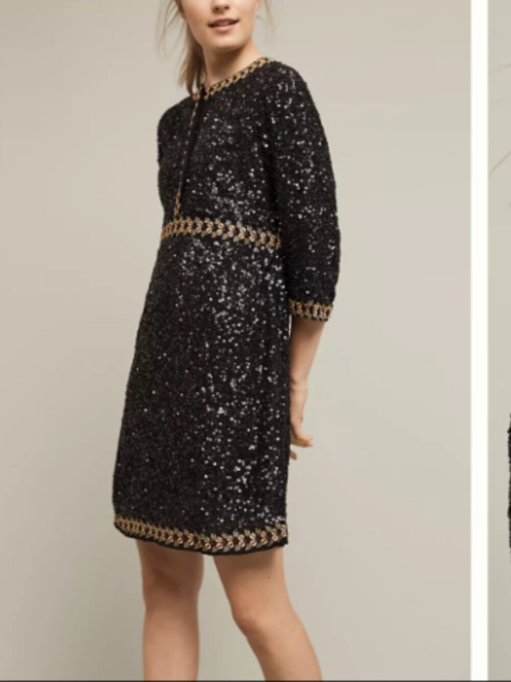 Anthropologie Varun Bahl Black Motif Sequin Embroidered Dress SMALL